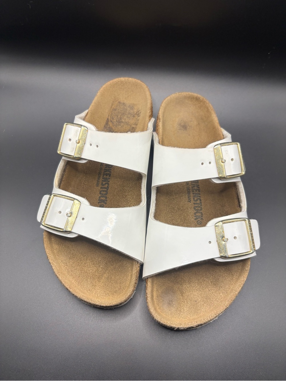 Birkenstock White Double Strap Sandals with Gold Buckles